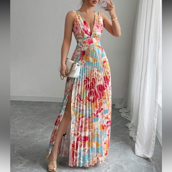 Elegant Blue and Red Floral Maxi Dress